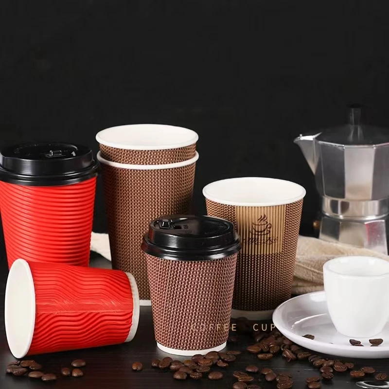 OEM ODM 8oz 12oz 16oz Customized Design Disposable Printed Double Wall Ripple paper coffee cup paper cup fan