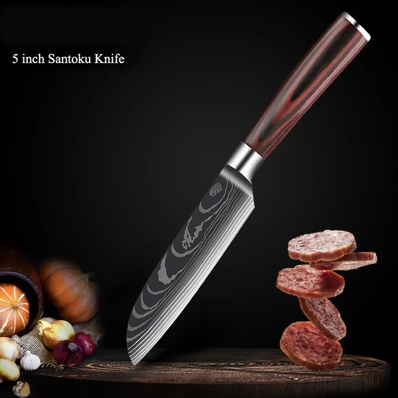High-quality Stainless Steel Damascus Grain Color Wood Handle Kitchen Knife Set