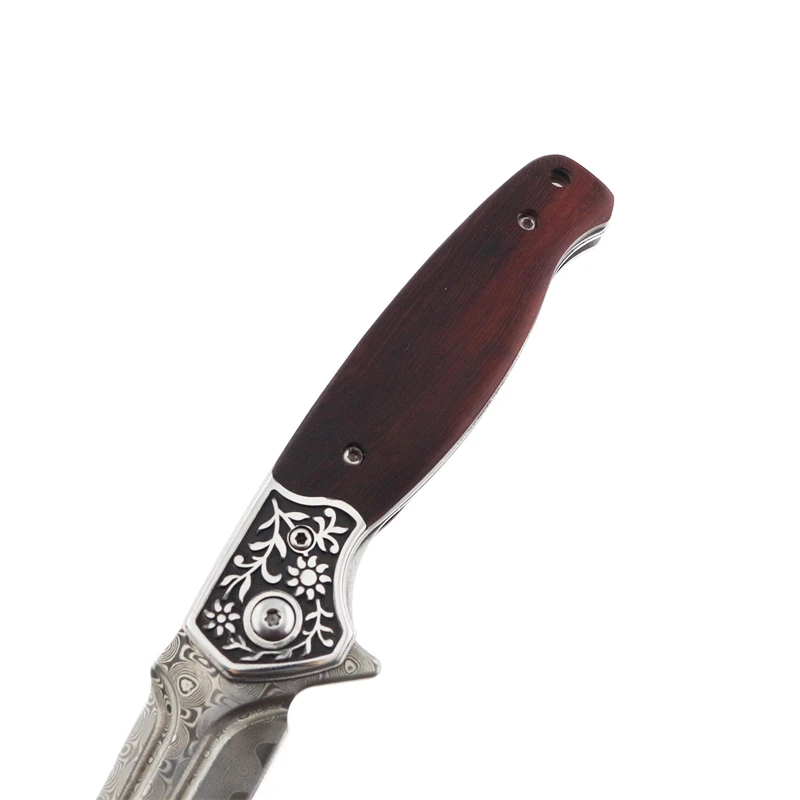 Damascus steel blade camping survival pocket damascus fold knife with leather sheath