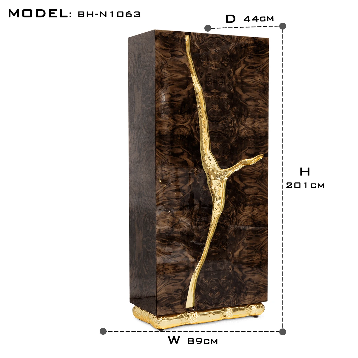 Contemporary Karst-Inspired Cabinet - Walnut Veneer, Polished Brass, Poplar Root Interior