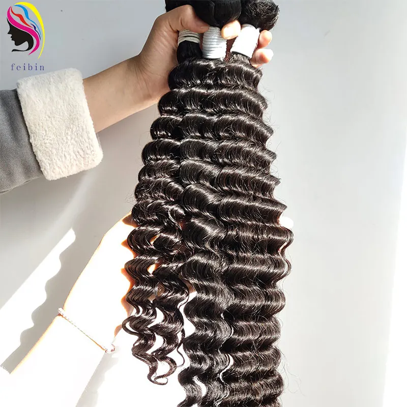 100 Unprocessed Henan Feibin Deep Wave cuticle aligned brazilian raw indian vietnamese Human Hair extension bundle with closure