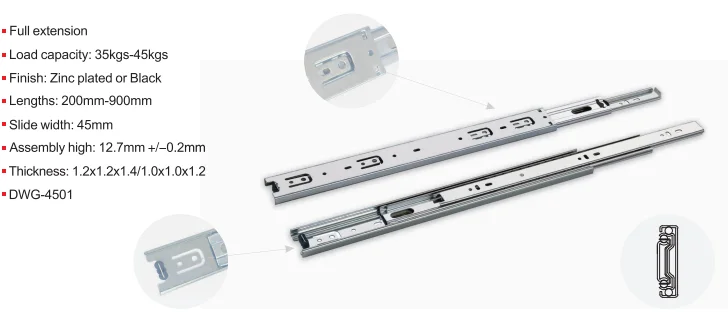 Foshan Fusaier Kitchen accessories 45mm 3-fold ball bearing drawer slides rail for furniture