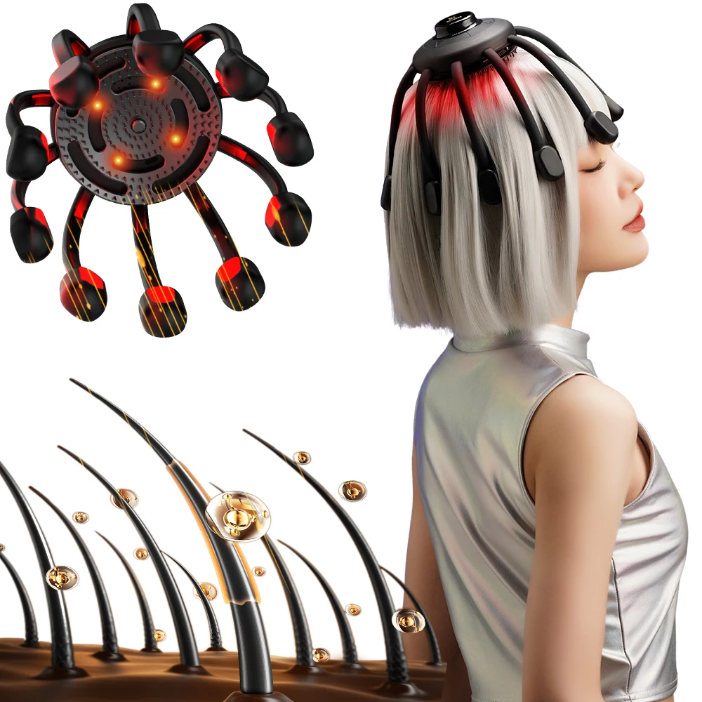 2025 New Arrivals Electric Vibrating Octopus Head Massage Red Light Head Massager with 132 Massage Heads