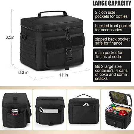 Large Black Men Adult Tactical Insulated Meal Prep Lunch Box with Should Strap for Work School Picnic Cooler Bag