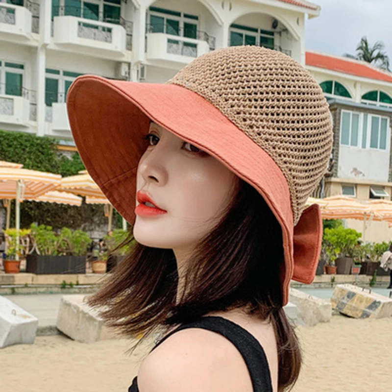 Fashion Hollow Sun Visor Hat Women Summer Crochet Straw Hat Beach Travel Floppy Bowknot Cap Folding Wide Brim Mesh Straw Hat