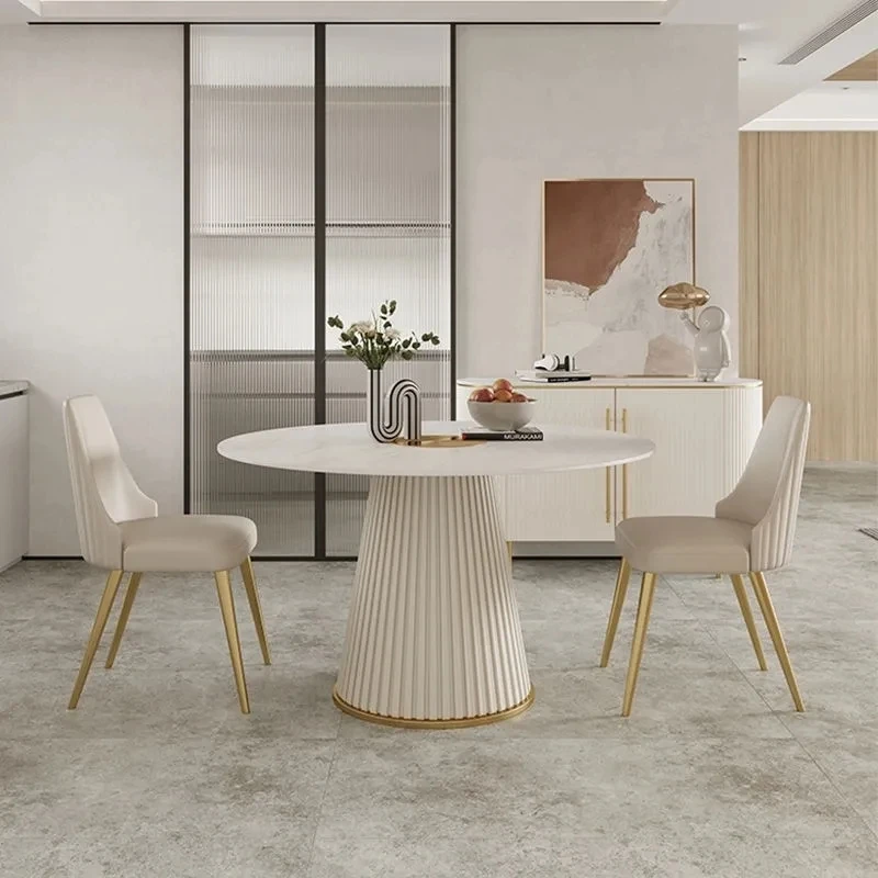 Modern light luxury light dining room furniture rock plate round dining table and chair combination