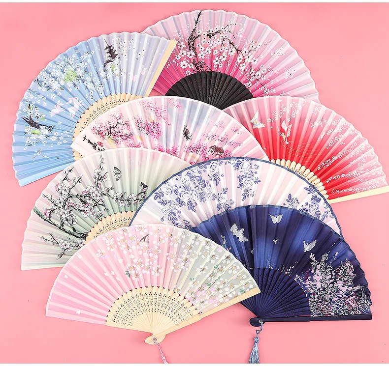Wholesale advertising custom printed hand held fan plastic nylon bamboo wedding foldable hand fan