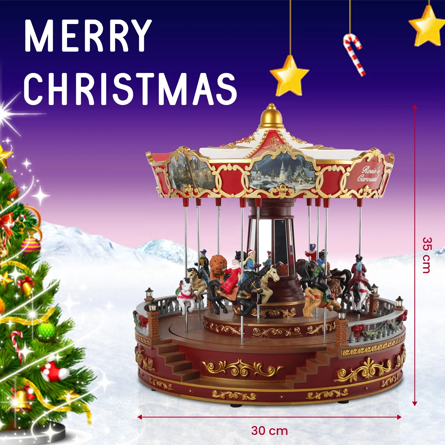 Best Selling Custom Christmas Decoration 14in noel Led lighted Rosies Carousel Revolving  with Music box