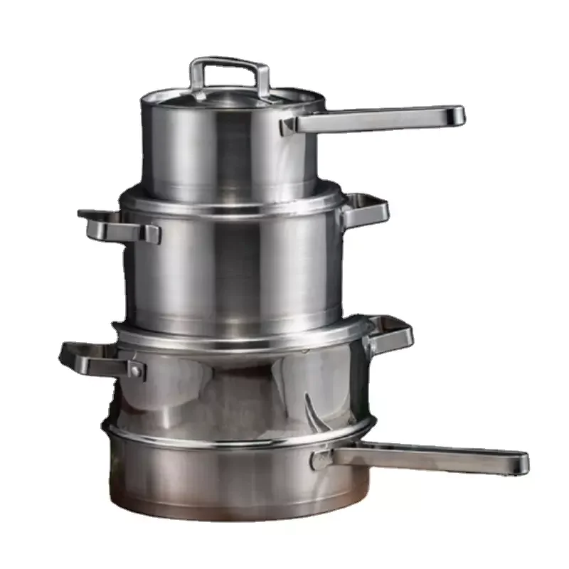 2018 New Design Cookware Hotel Kitchen Non Stick Cooking Pot Set MIRROR Body Metal Steel Box Wrap Glass Stainless Bulk Packing