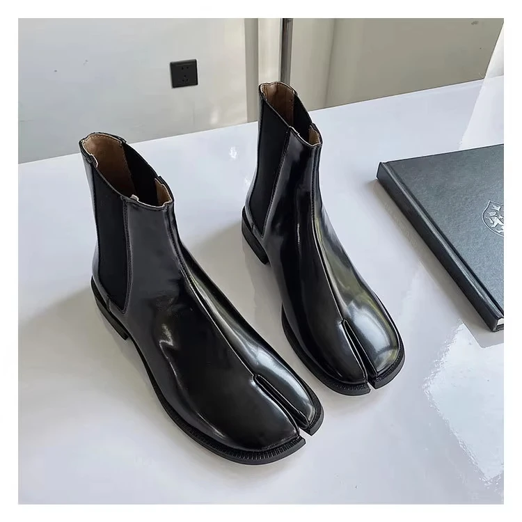 SHIKOL split toe ankle boots for women men fashion black patent leather big size 12 low heels ladies shoes stretch tabi boots