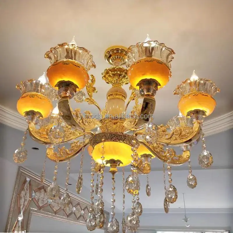 Royal classical custom round large yellow jade chandeliers living room pendant ceiling light luxury golden crystal chandelier
