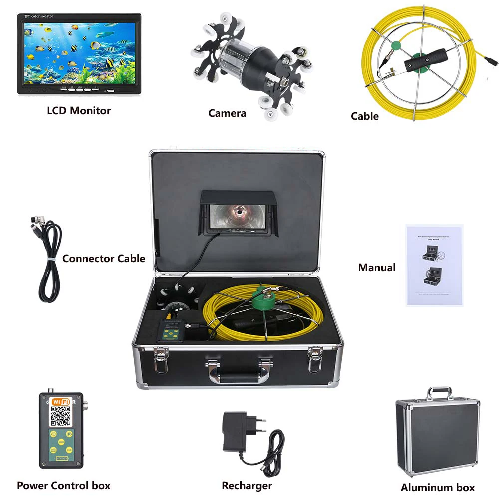 10inch Wifi DVR 30-50M Pipe Inspection Video Camera Drain Sewer Pipeline Industrial Endoscope 360 Degree Rotating Camera 38 LEDs