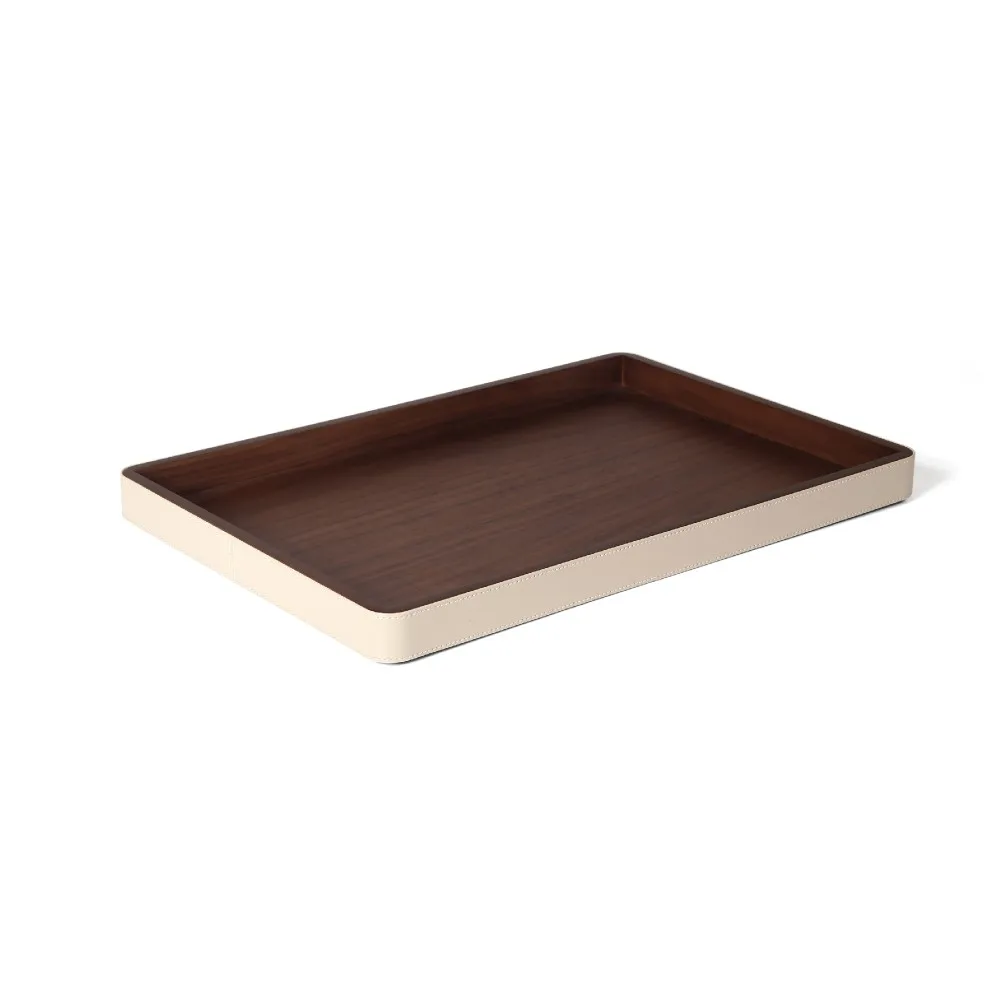 New Walnut Wood Leather Household Sets Modern Rectangular Square Serving Trays Kitchen Home Hotel Decor Boxed Metal Ingredients