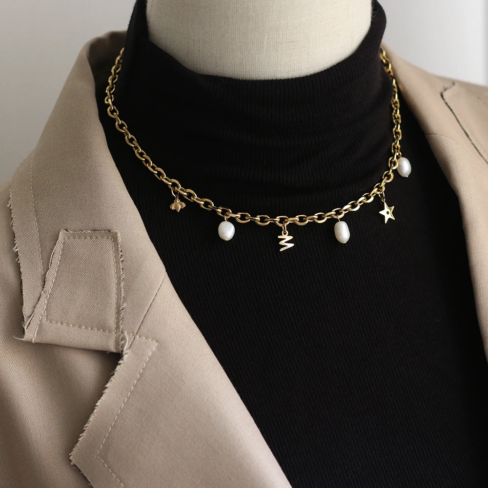 Stainless steel cute animal bee star charms Freshwater pearl chain Choker Short chain Street Europe stainless steel necklace