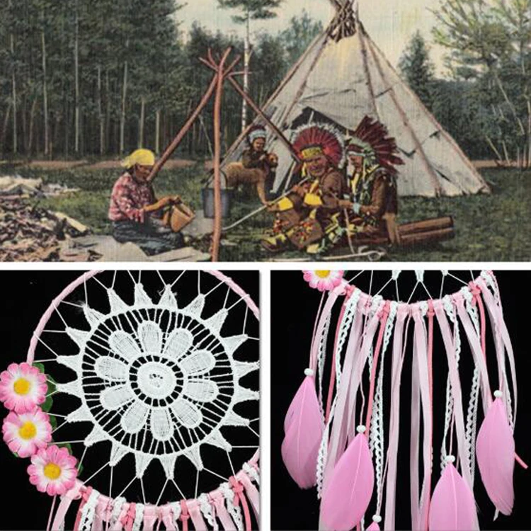 Factory Pink Single Ring Feather Dream Catcher With Flower Romantic Gift Wedding Decoration Interior Pendant Hanging Car Decor