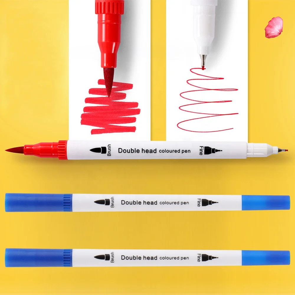 Good Quality Eco-friendly 48 Colors Water Based Dual Tip Brush Pen with Fineliner