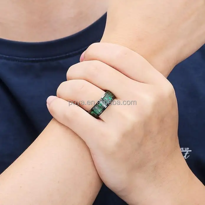 POYA Jewelry 8 mm Black Tungsten Carbide Wedding Engagement Ring Steampunk Green Carbon Fibre Gear Inlay Bevelled Edge Men Gift