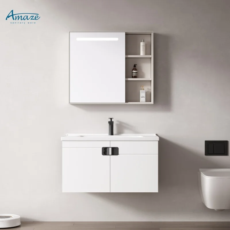 Modern White Waterproof Vanity Cabinet With Led Mirror Stainless Steel Bathroom Furniture Set For Home Or Hotel Use