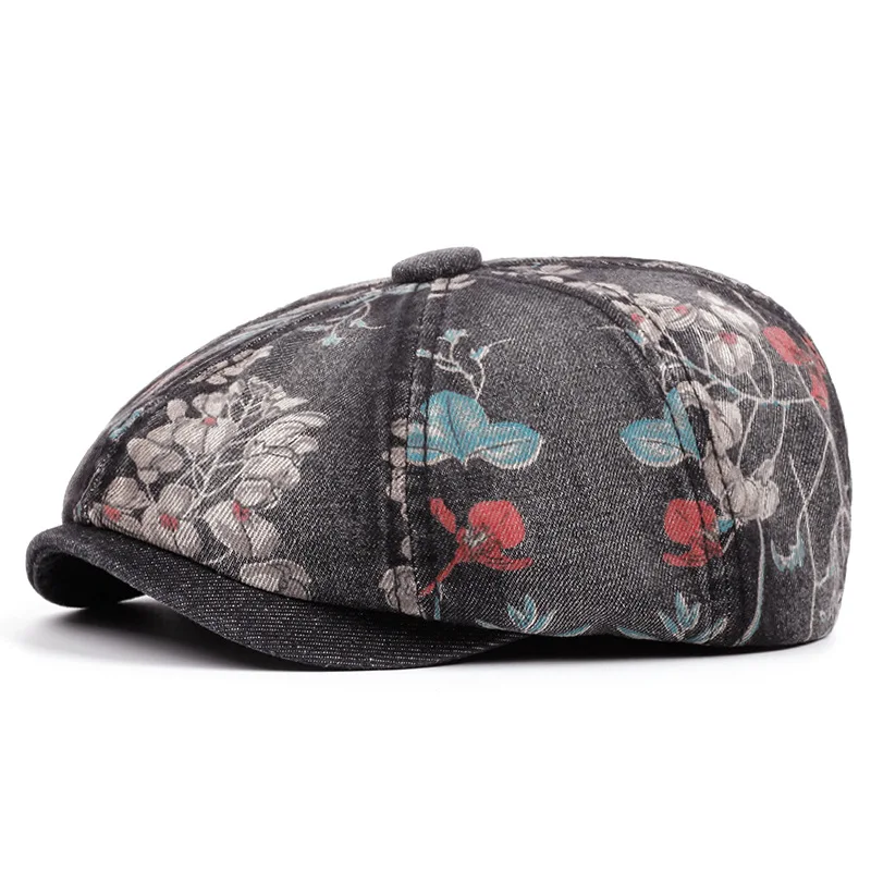 Printing Floral Washed Denim Octagon Newsboy Hat for Men Newsboy Cap Irish Cap Newsies Cabbie Hat Flat Hat Unisex