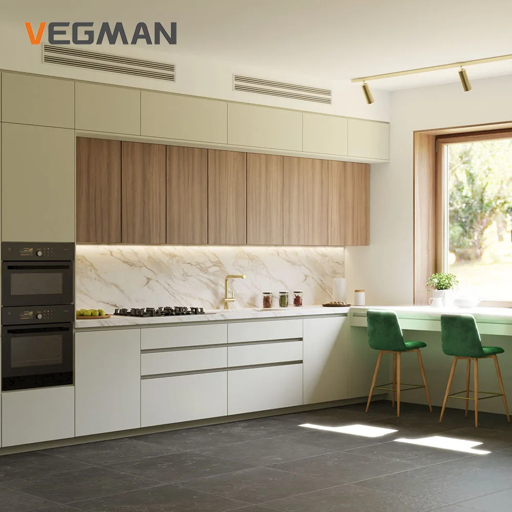 Contemporary Wood Veneer Lacquer Cabinet Model White and Wood Kitchen Furniture Cupboard