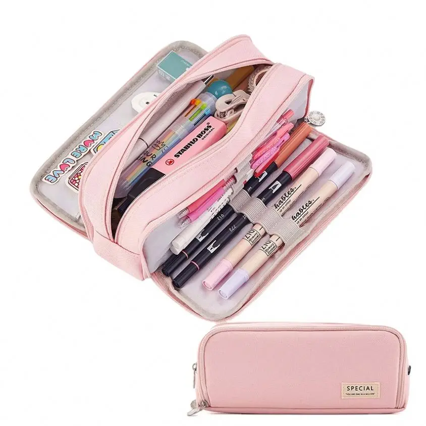Big Capacity pencil bag,3 Compartments zipper canvas storage pouch marker pen kids school pencil case for girls kids