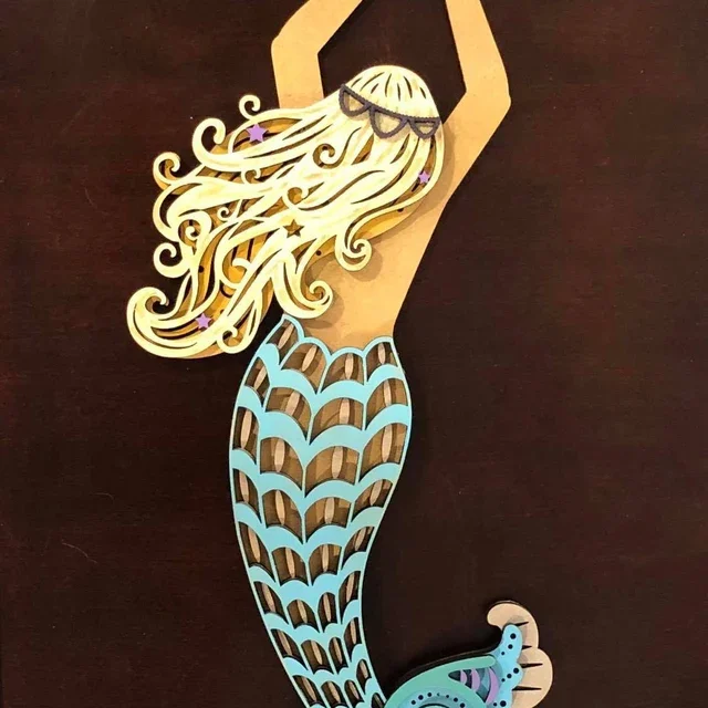 Custom 3D Mermaid Arts and crafts  wooden Laser cut 3D Layered Mermaid wood  for Gifts decoration