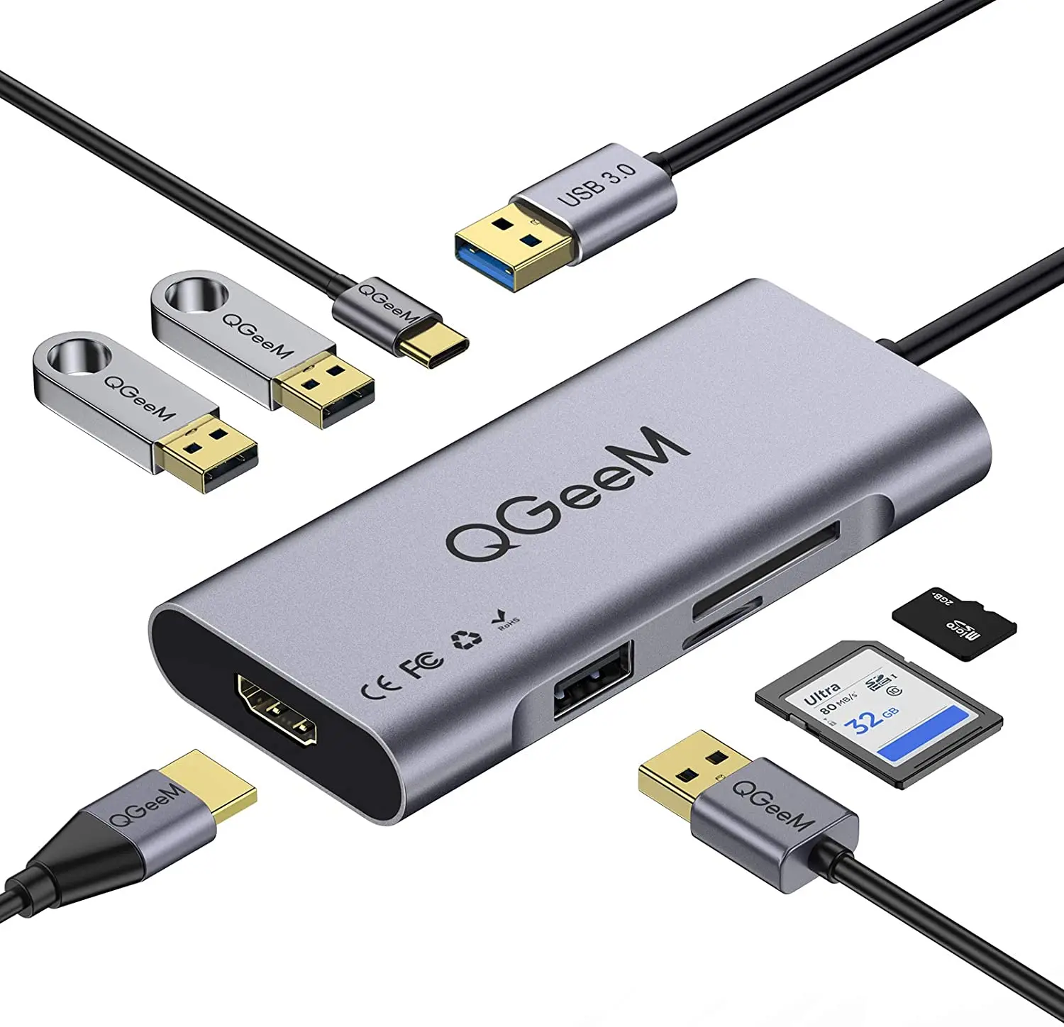 R D USB Hub Driver 7 Ports QGeeM USB 3.0 Hub HDMI 1080P Adapter SD/TF Card Reader Compatible with Windows, Android USB Hub 3.0