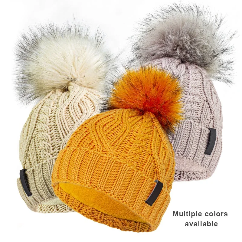 New Custom Merino Wool Faux Fur Pom Pom Hats, Cable Knit Wool Luxury Designer Winter Hats For Woman Unisex Warmly Pompom Beanies