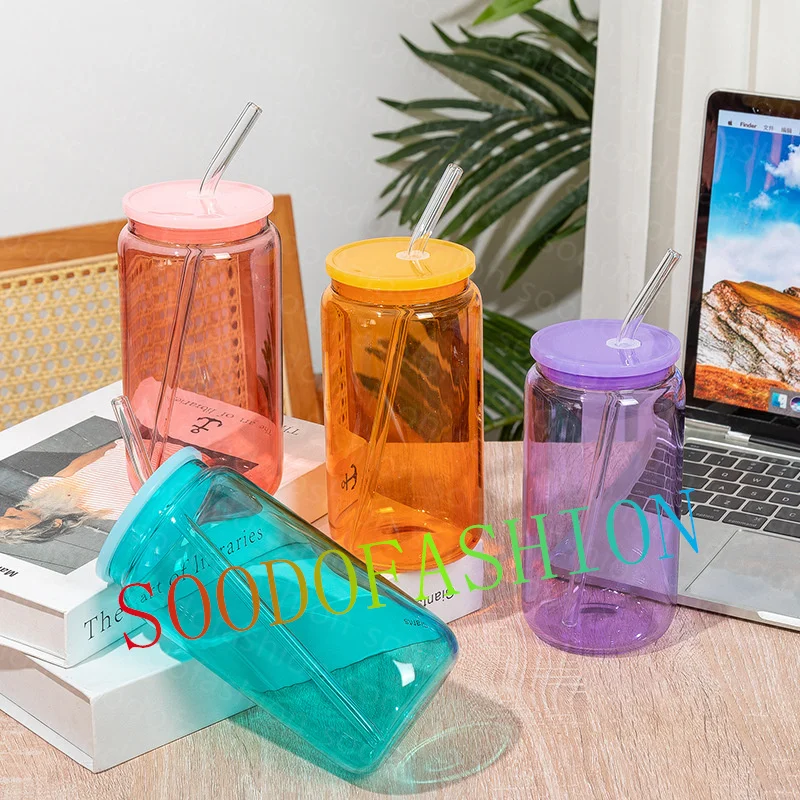 Hot sale Us warehouse 16 oz Beer straight glass can sublimation flask water bottles tumblers with plastic lid and straw