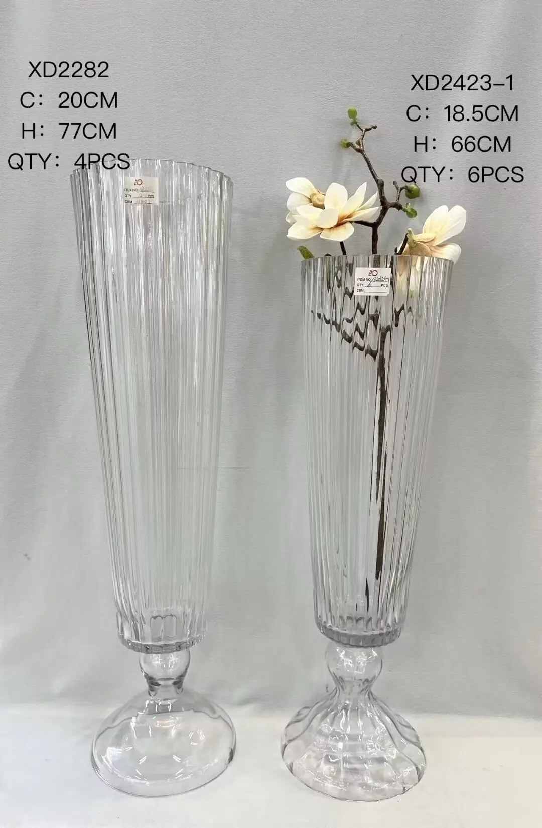 Hot sale 7.87*29.92 inch Cylinder stripping pattern Glass Vase Clear Crystal Tall Vase Wedding Centerpiece flower arrangement
