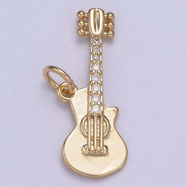 CZ8859 Mini Little 18k gold plated cubic zirconia micro cz pave Guitarist guitar Rose Flower with marquise cz leaf charm Pendant