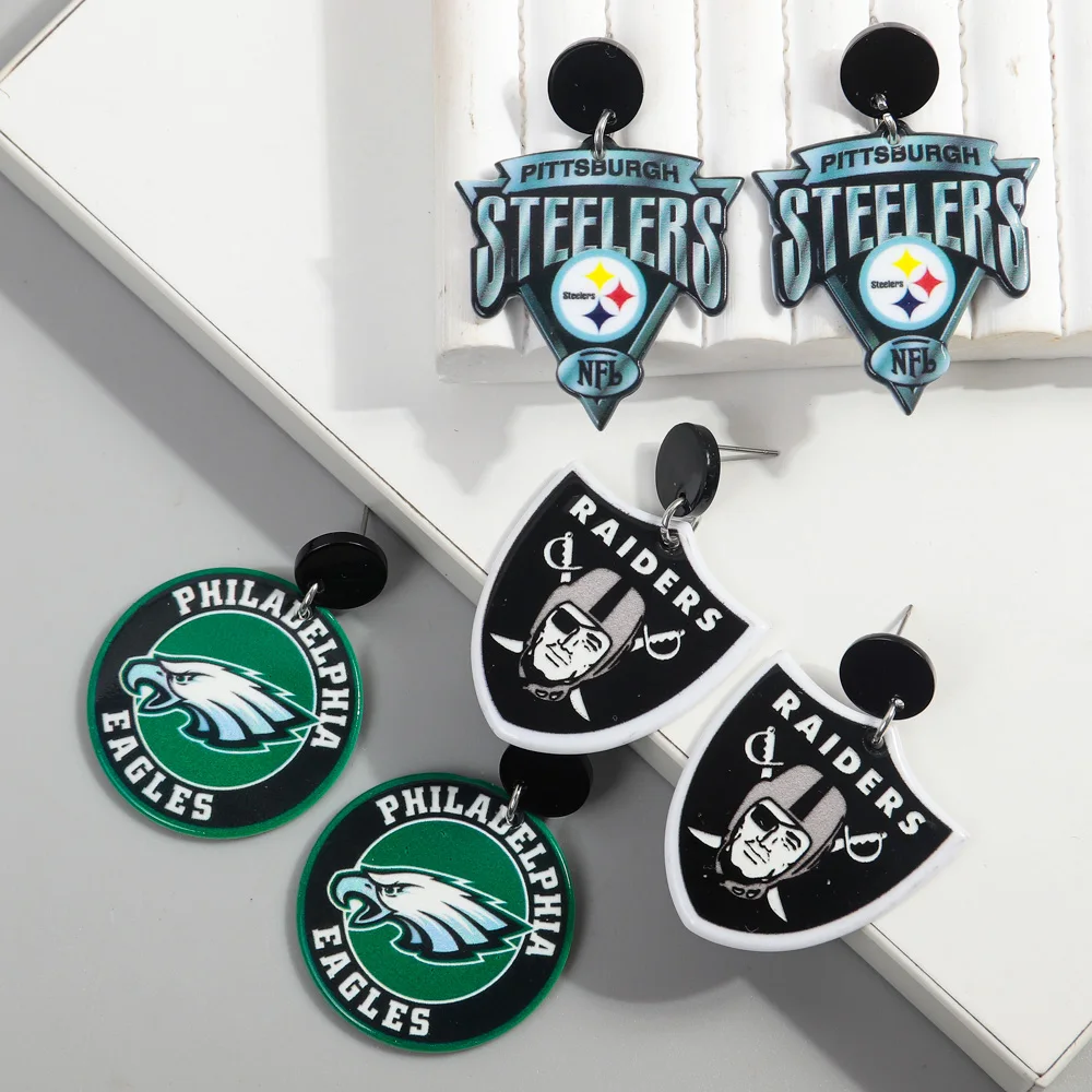 Wholesale Popular EU Rugby Shield Badge Team Fans Geometric Round Star Heart Eagle Hiphop Personality Acrylic Drop Earrings