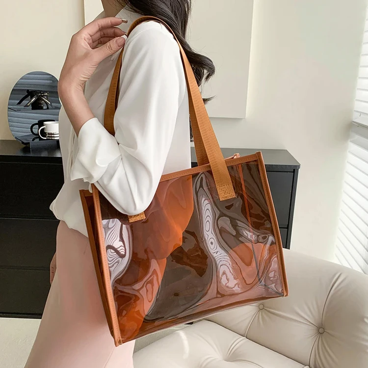 Custom Logo  Large Capacity Transparent Plastic Bag Women  Shoulder Bag Portable Shopping Bag