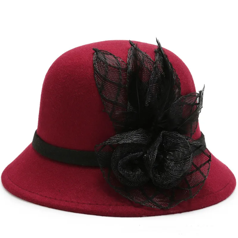 HZM-60587 Vintage Felt Cloche Hat Winter Floral Fedora Bucket Hat Bowler Hats