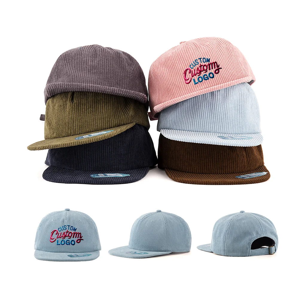 Wholesale customize unisex 2D 3D embroidery logo unstructured corduroy vintage 5 panel snapback hat
