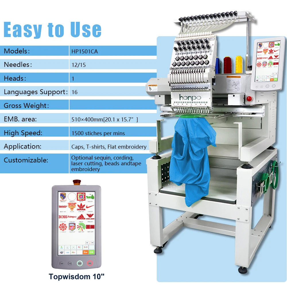 50% Discount honpo Single Head Embroidery Machine Computerized in China 1500 SPM for Hat Clothe Pant Embroidery