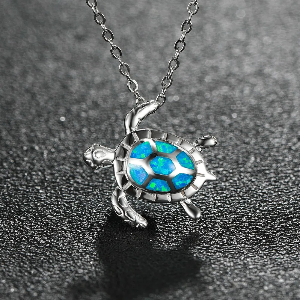 S925 Sterling Silver Statement Sterling Silver The Blue Sea Turtle Opal Pendant Necklace