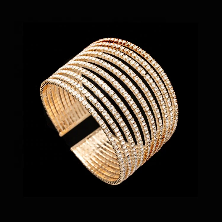 Wedding Wide multirows Crystal Bangle Stretch Crystal Rhinestone Cuff Bracelet for bodybuilding competition