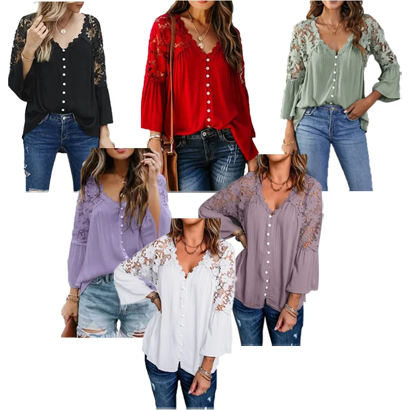 3/4 женские кружевные блузки и топы с расклешенным рукавом элегантные дамские
