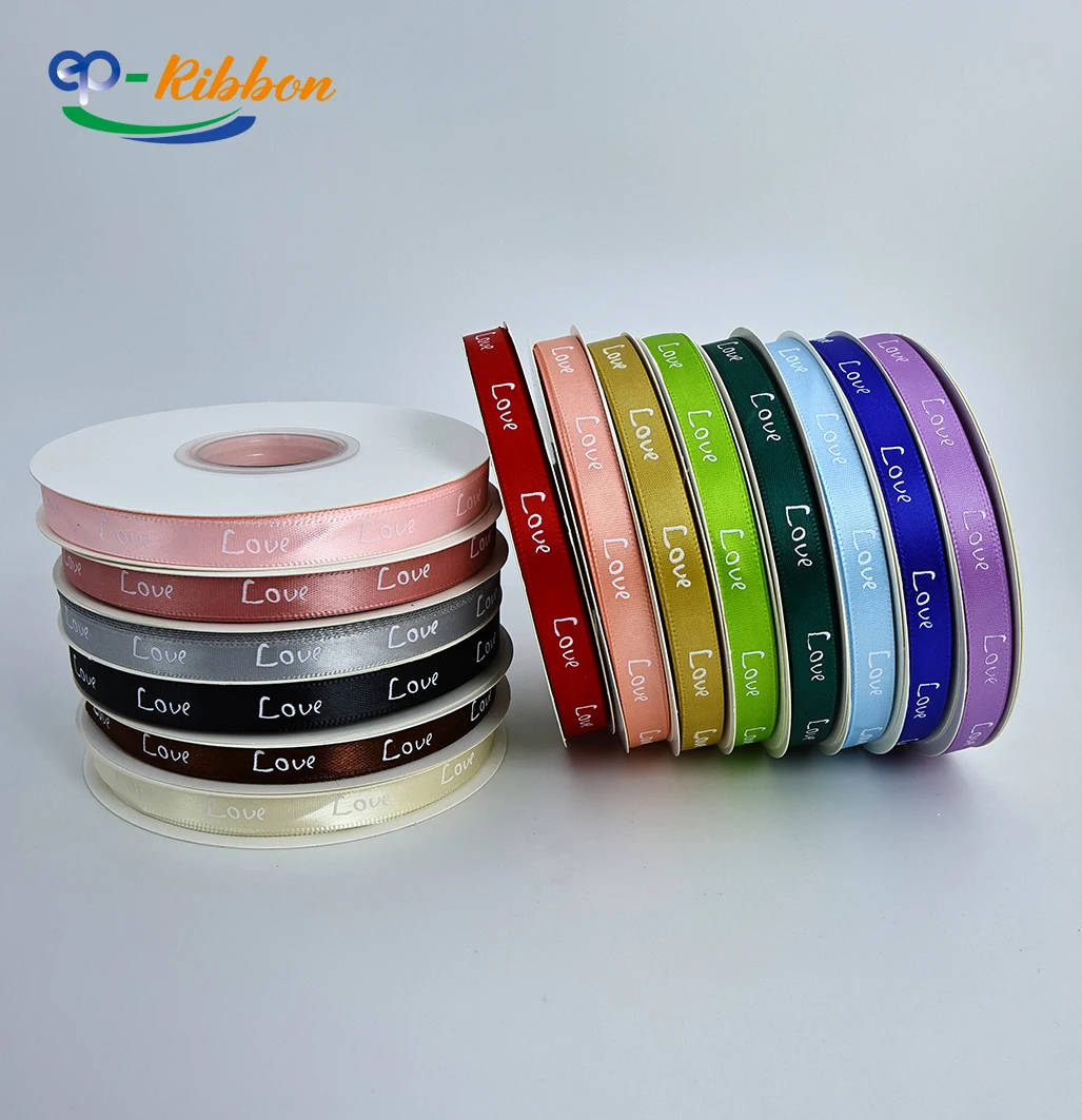 Wholesale Pink Custom Logo Printed Ribbon 100% Polyester Satin Ribbon with LOVE Letter Pattern Bow for Craft and Box Packing