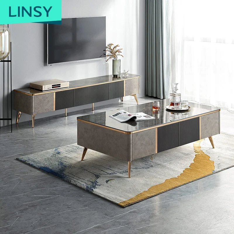 Linsy Living Room Luxury Nordic Marble Top Tv Stand Gold Metal Legs Furniture Set of Marble Coffee Table and Tv Stand LS361L1