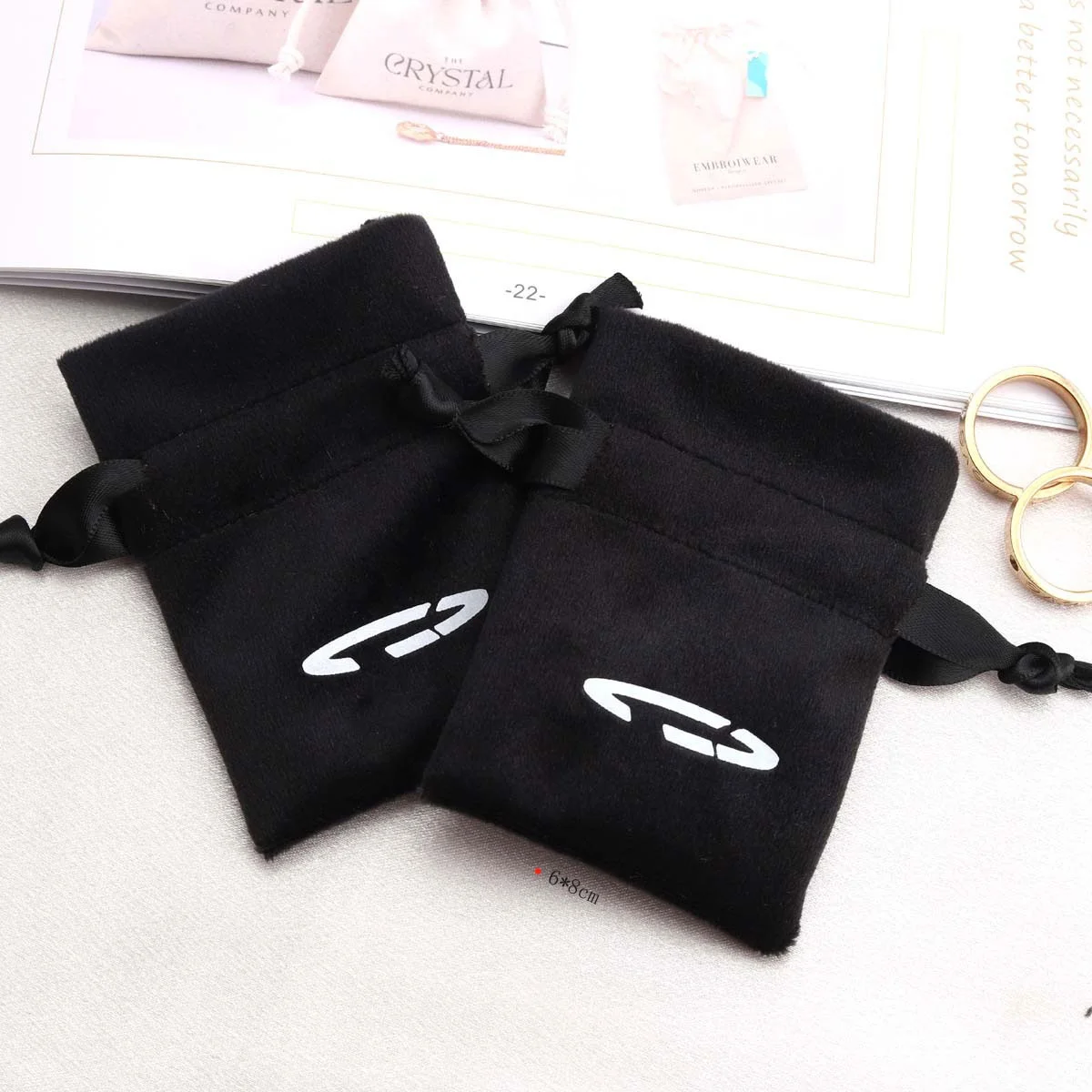 High Quality Mini Ring Pouch Custom Logo Printed Black Velvet Necklace Earring Packing Drawstring Jewelry Bag