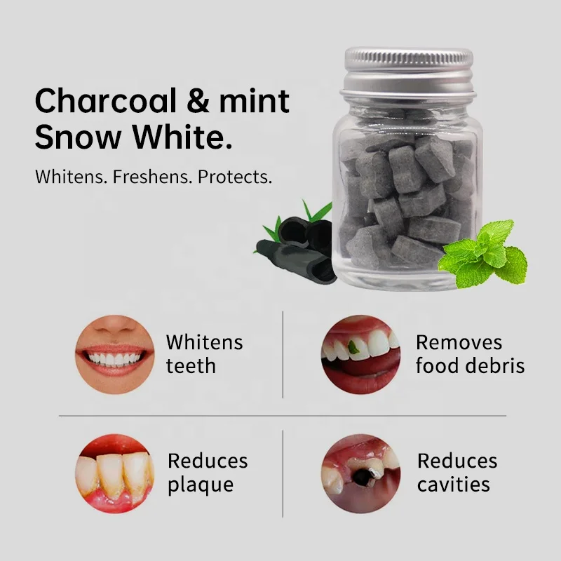 Vegan private label Mint Bamboo Charcoal Woman toothpaste tablets natural stain removal whitening mouthwash tablets 62 pcs