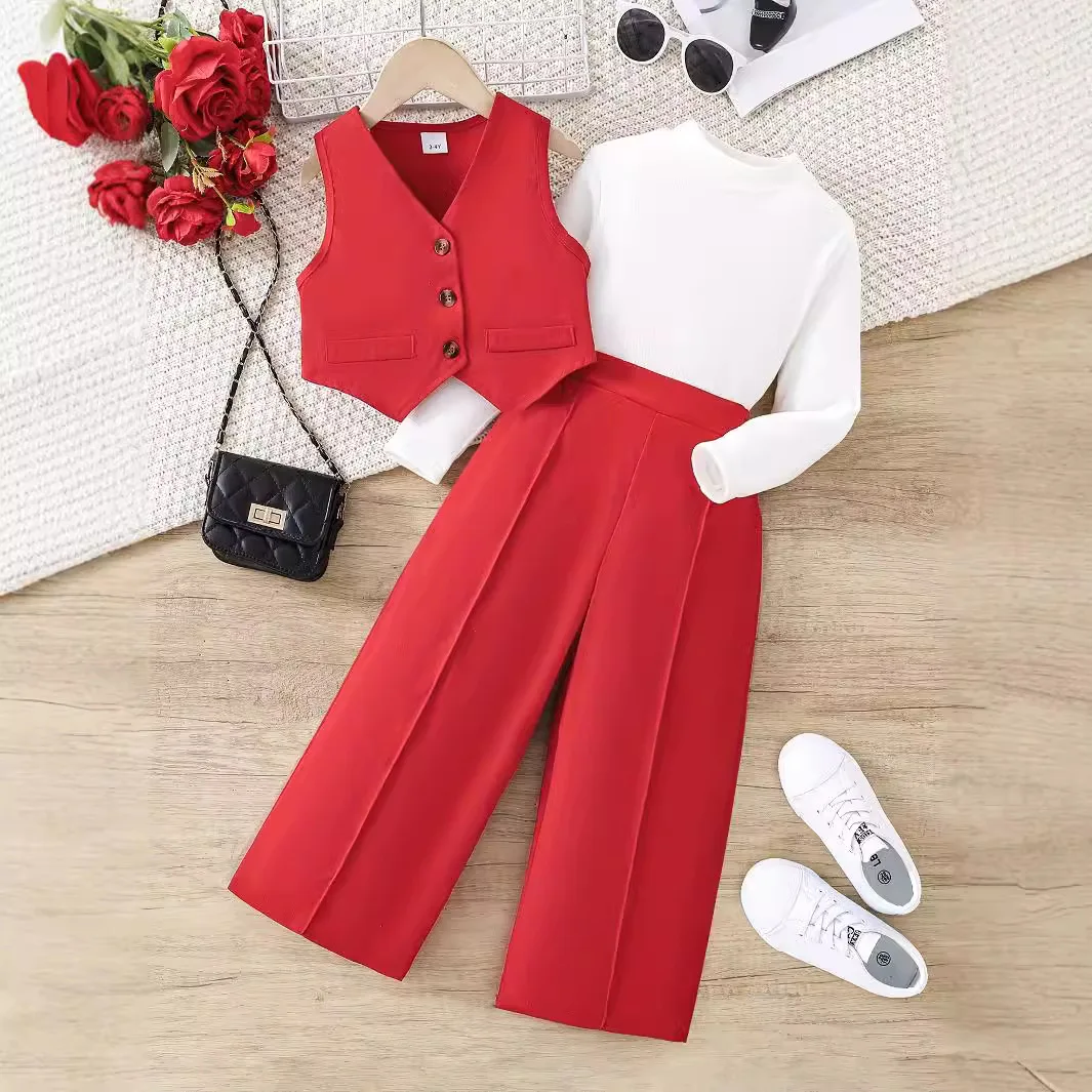 New fashion 3Pcs girls clothing sets solid long sleeve t-shirt +sleeveless vest suit + pants outfits for girls