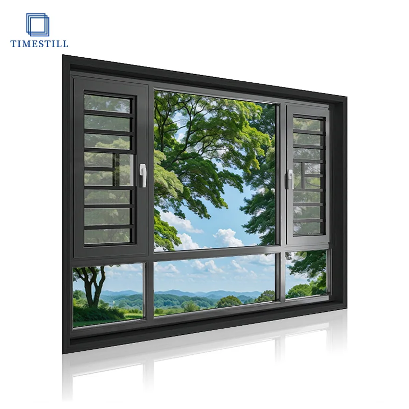 Aluminum casement window with mosquito net in black, insulating tempered glass, high thermal and acoustic insulation performance