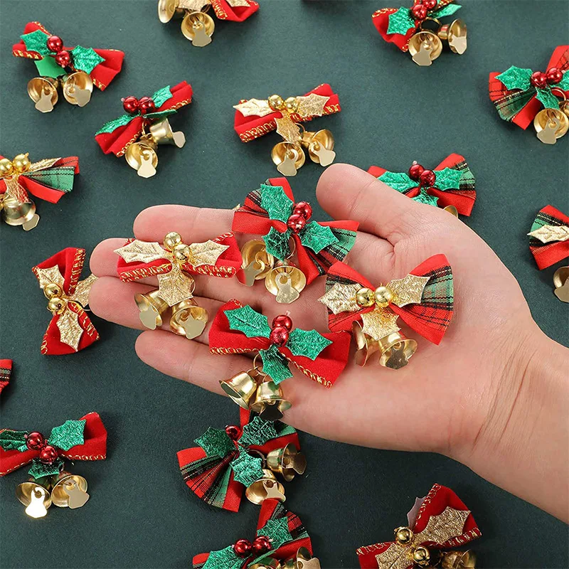Hot Seller Christmas Decorative Small Bow Red Gold Bells Cute Mini Bowknot for Christmas Decor