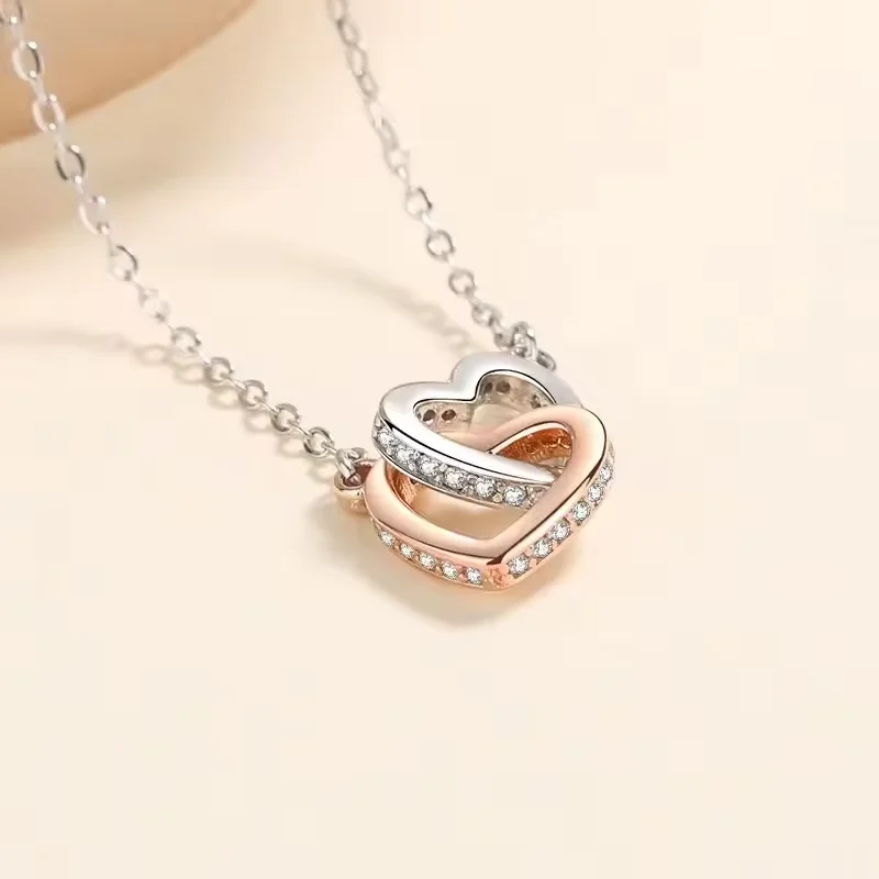 Hot sales 925 Sterling Zilveren Custom Dubbel Hart Necklace Hanger Hoge Kwaliteit Sieraden Valentijnsdag Necklace