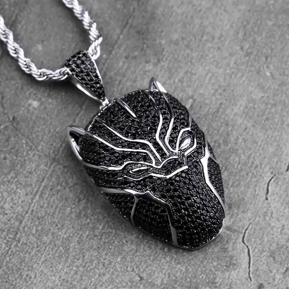 KRKC Drop Shipping Factory Direct Sale Marvel Trendy Jewelry Crystal 3D Design Necklace Panther Pendant Iced CZ Diamond Black