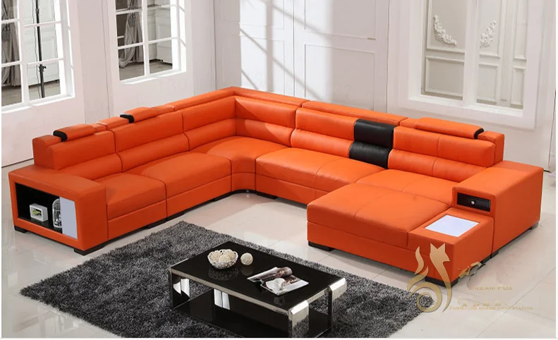 Luxury Design U Shaped Genuine Leather Wooden Modern Sofa Set With Headrest Waist-Rest
