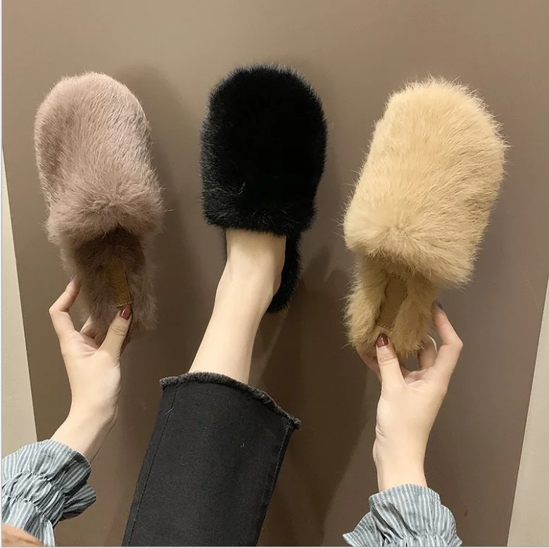 Baotou ladies fur slippers 2021 autumn new Korean leisure flat rabbit fur lazy slippers